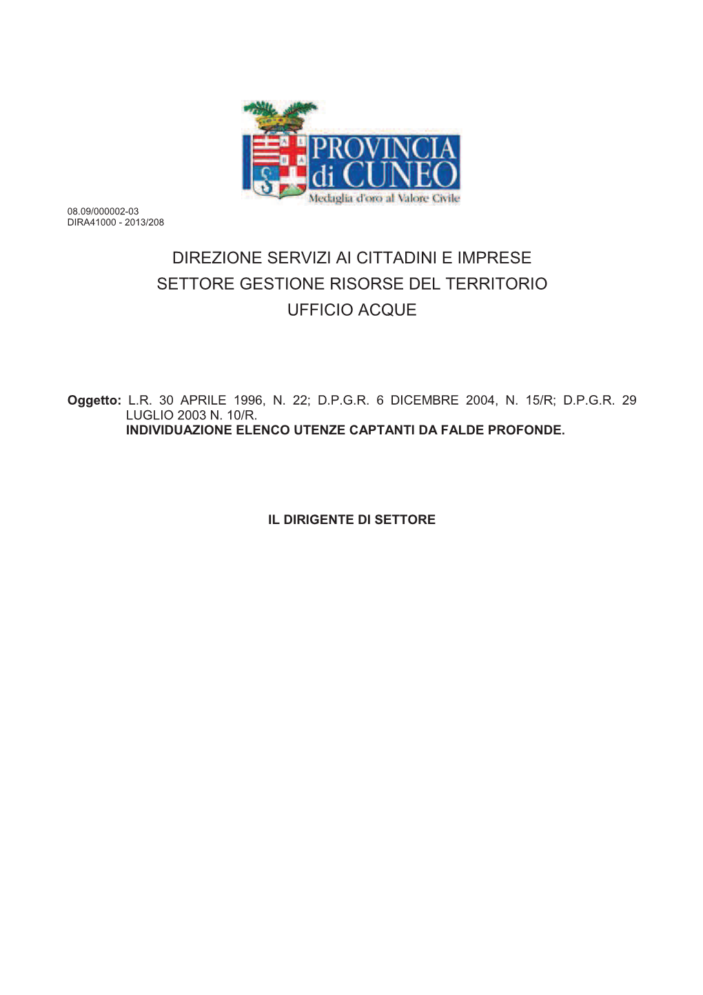 Direzione Servizi Ai Cittadini E Imprese Settore Gestione Risorse Del Territorio Ufficio Acque