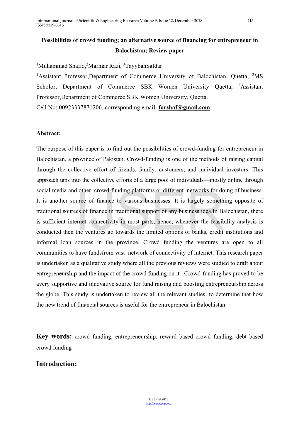 Possibilities of Crowd Funding; an Alternative Source of Financing for Entrepreneur in Balochistan; Review Paper