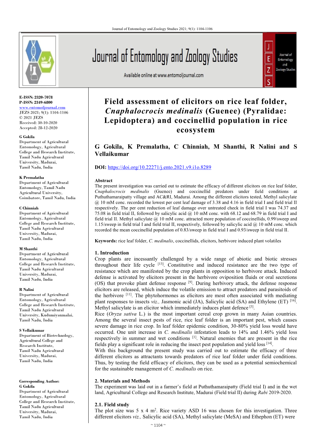 Field Assessment of Elicitors on Rice Leaf Folder, Cnaphalocrocis Medinalis