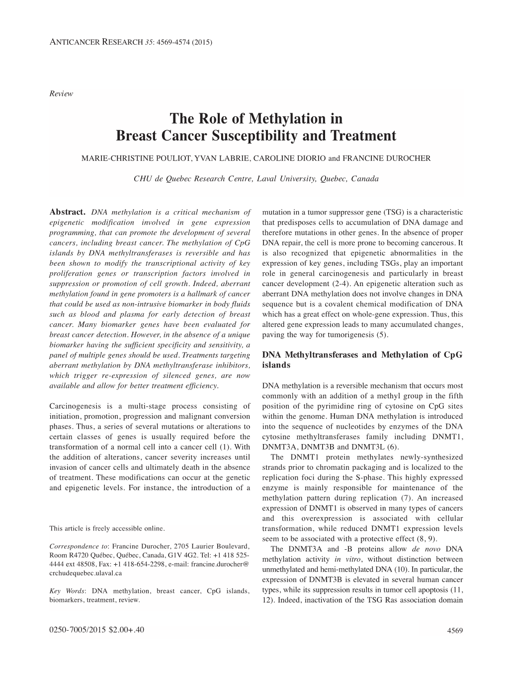 The Role of Methylation in Breast Cancer Susceptibility and Treatment