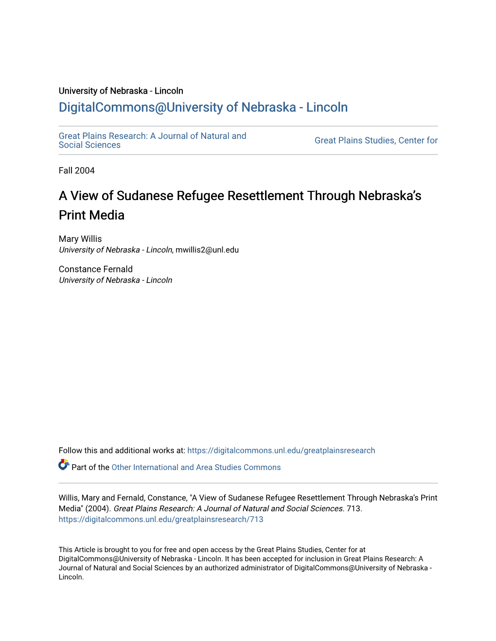 A View of Sudanese Refugee Resettlement Through Nebraskaâ