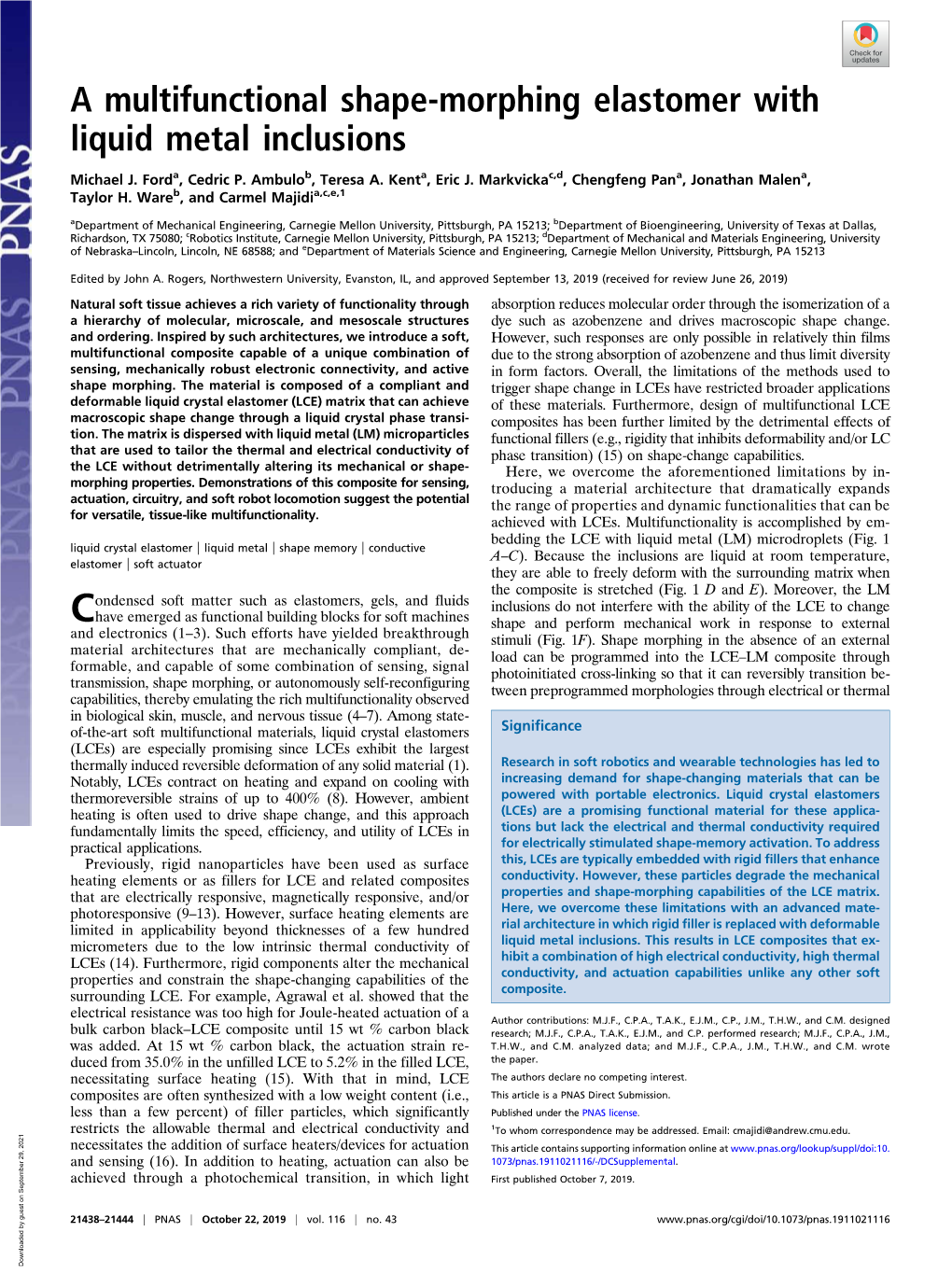 A Multifunctional Shape-Morphing Elastomer with Liquid Metal Inclusions