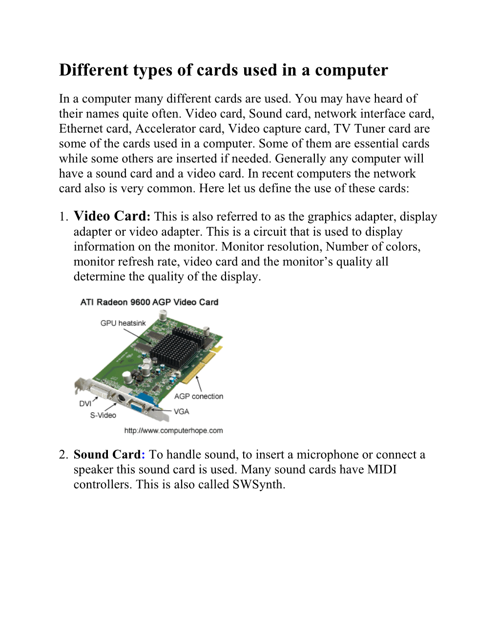 Different Types of Cards Used in a Computer