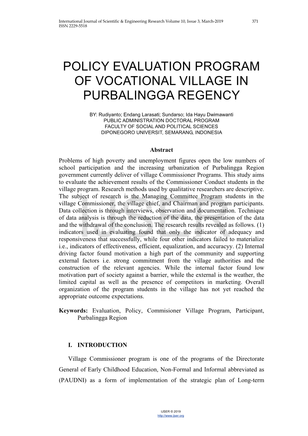 Policy Evaluation Program of Vocational Village in Purbalingga Regency