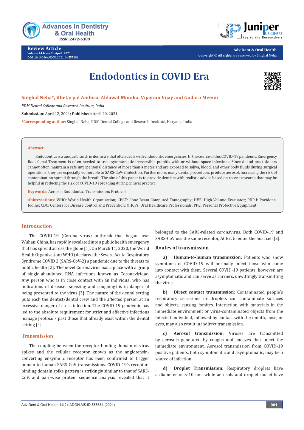 Endodontics in COVID Era