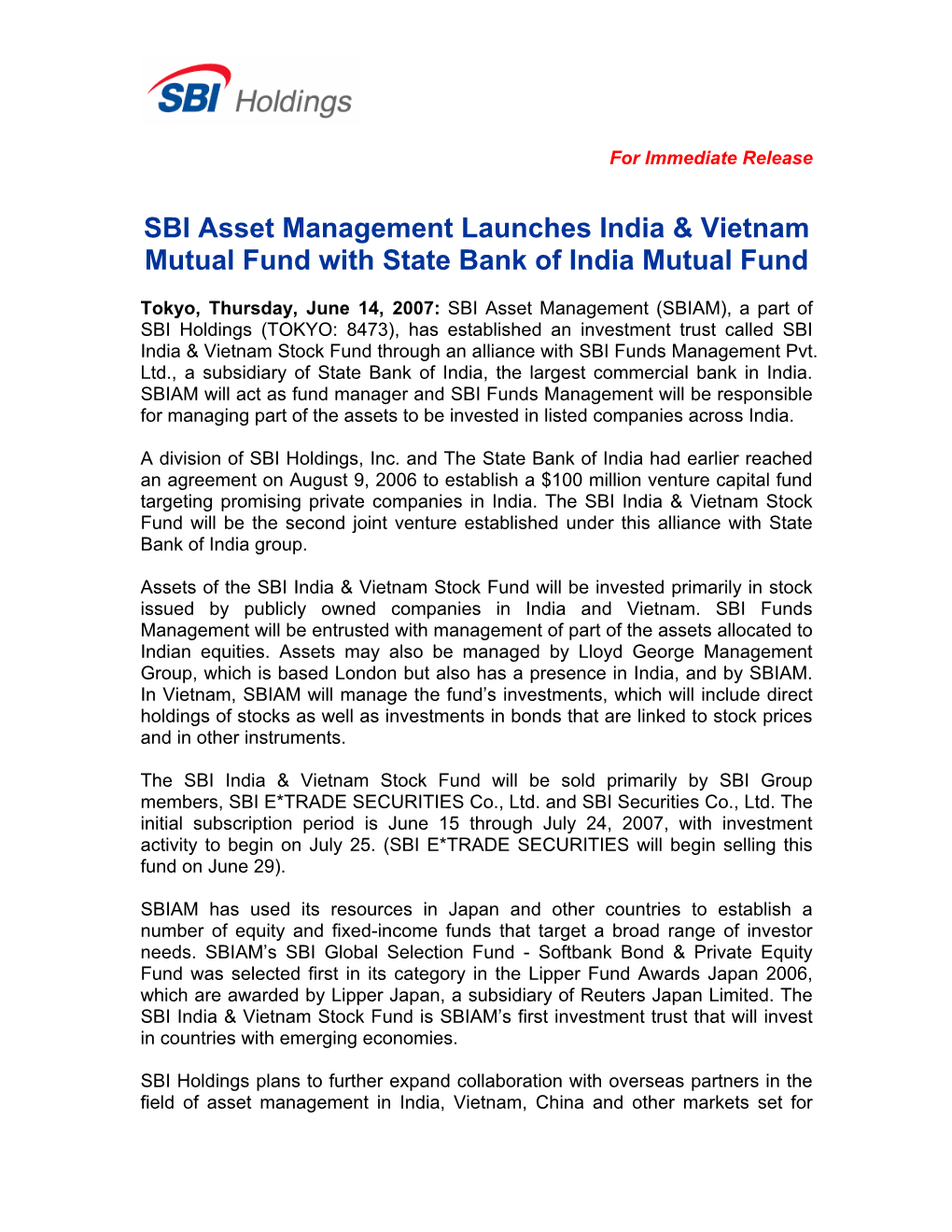 SBI Asset Management Launches India & Vietnam Mutual Fund With