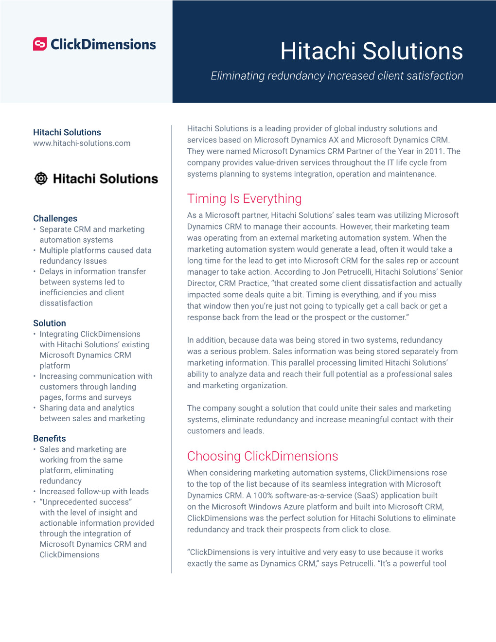 Hitachi Solutions Eliminating Redundancy Increased Client Satisfaction