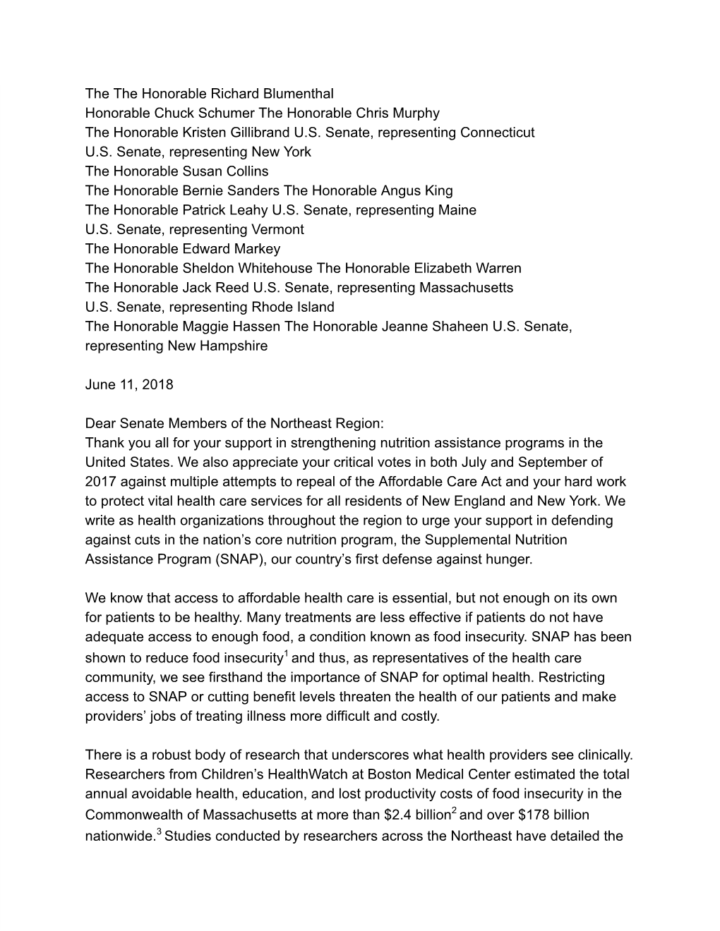The the Honorable Richard Blumenthal Honorable Chuck Schumer the Honorable Chris Murphy the Honorable Kristen Gillibrand U.S