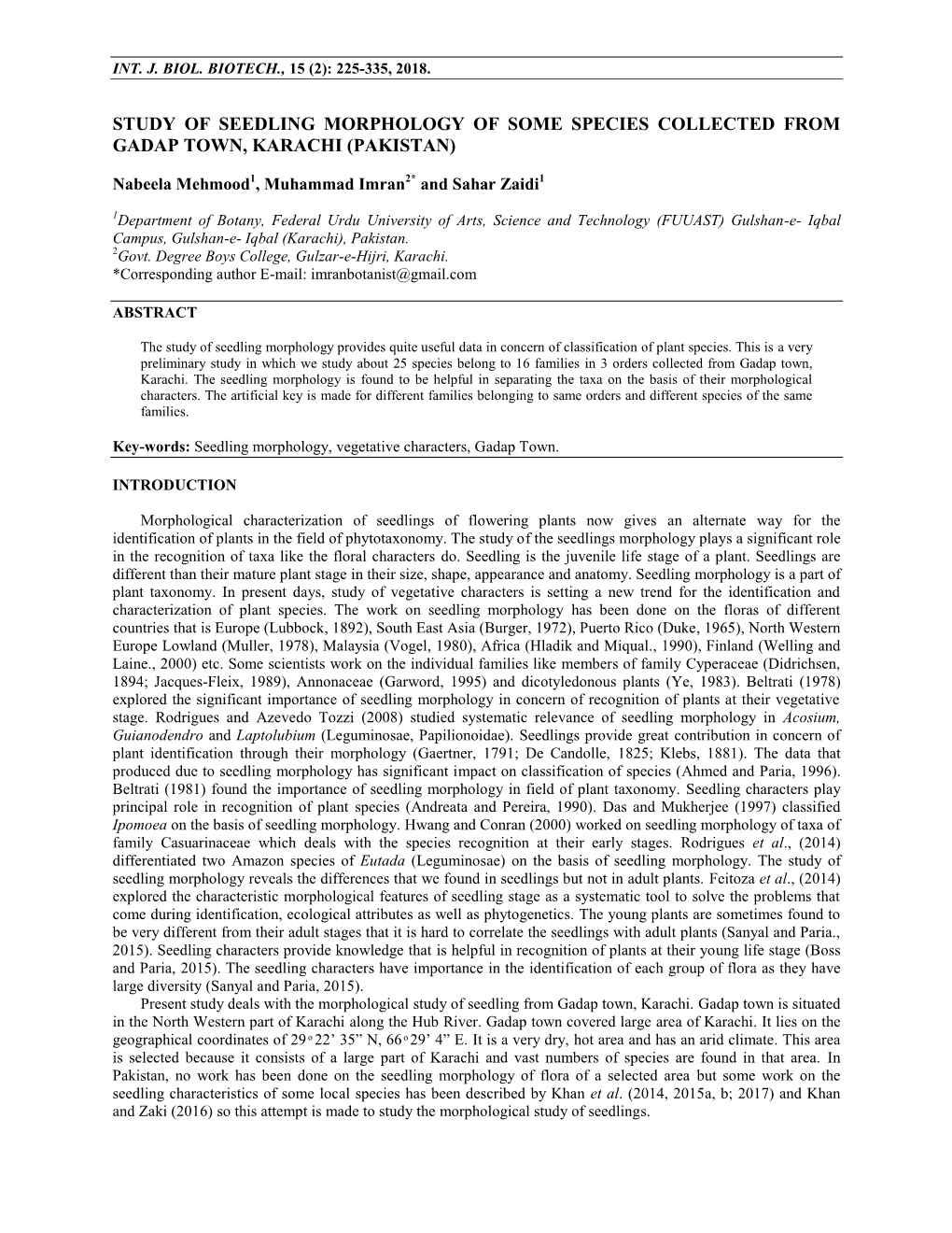 Study of Seedling Morphology of Some Species Collected from Gadap Town, Karachi (Pakistan)