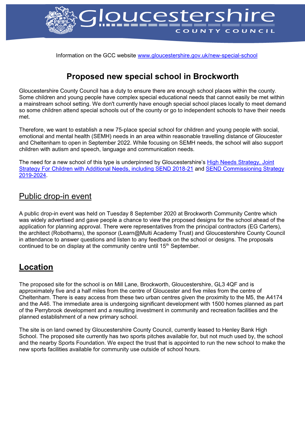 Proposed New Special School in Brockworth Public Drop-In Event Location