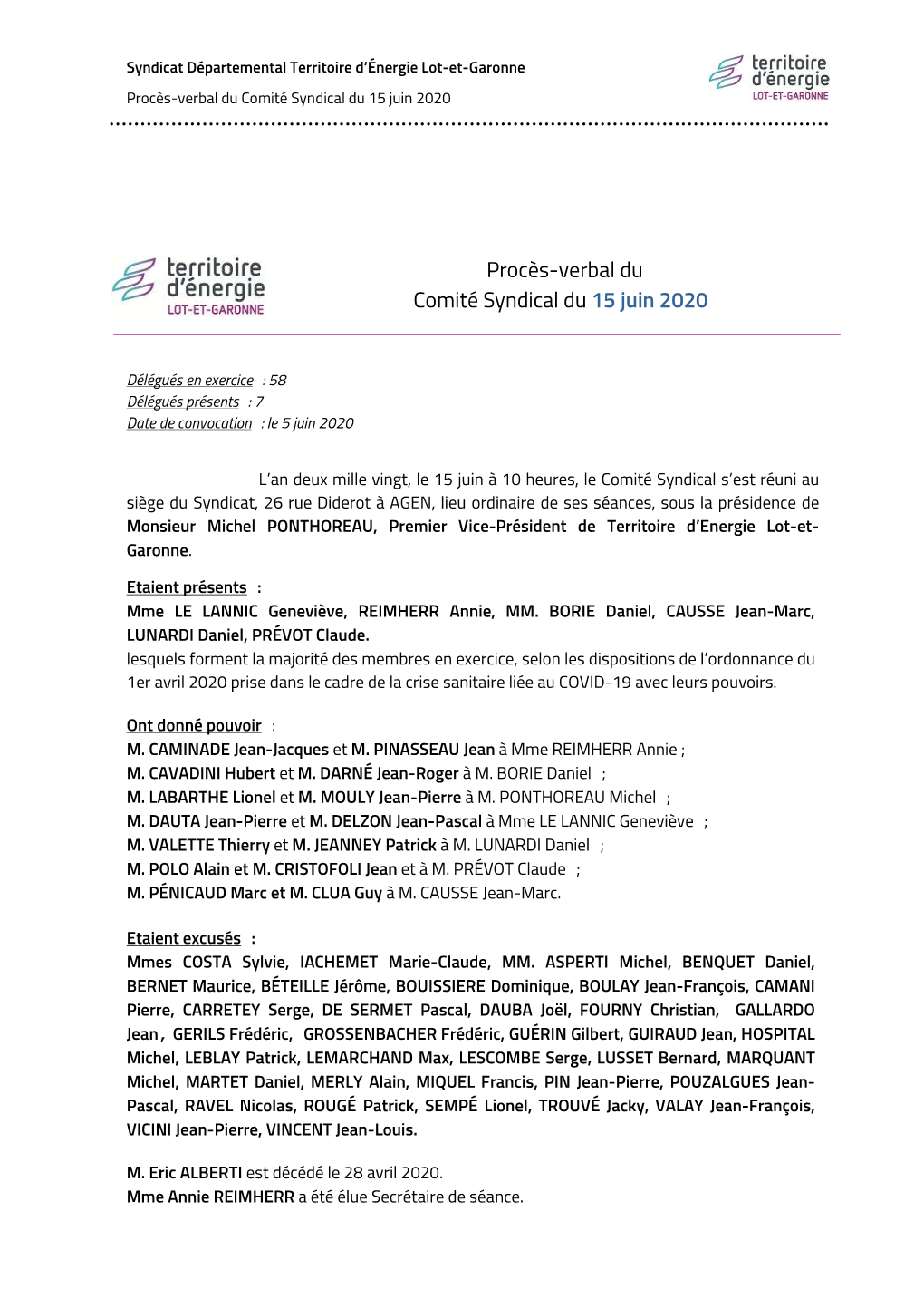 Procès-Verbal Du Comité Syndical Du 15 Juin 2020