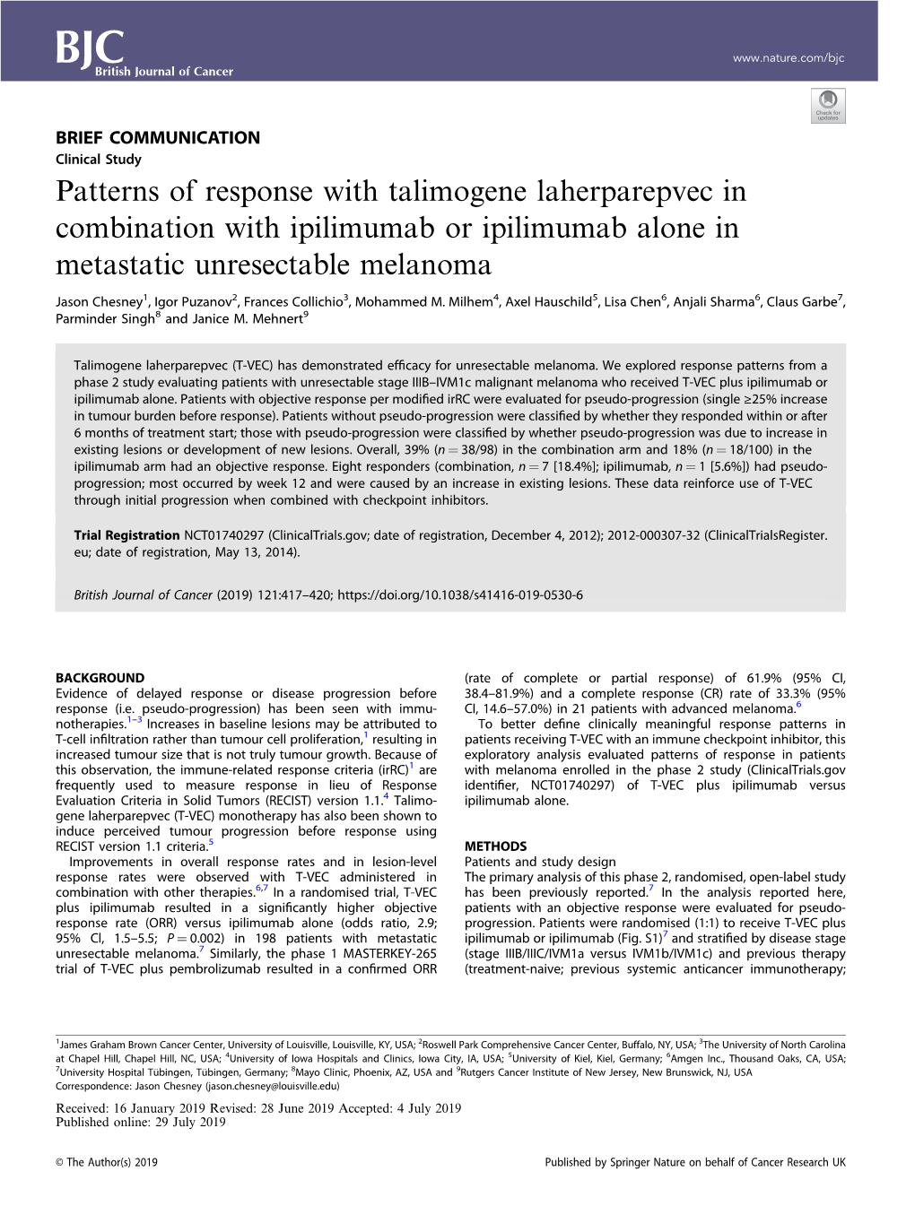Patterns of Response with Talimogene Laherparepvec in Combination with Ipilimumab Or Ipilimumab Alone in Metastatic Unresectable Melanoma
