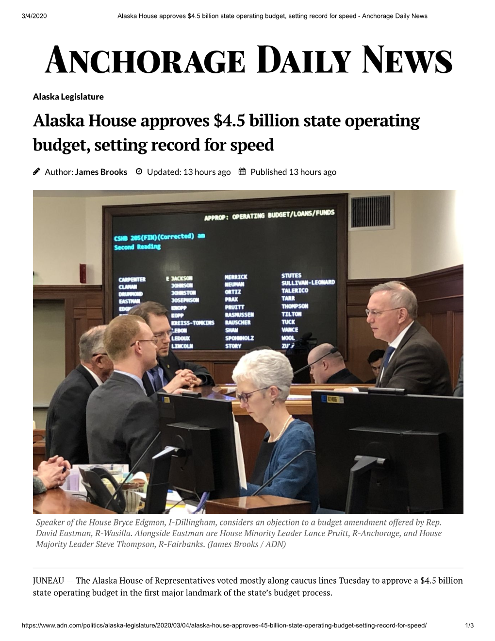Alaska House Approves $4.5 Billion State Operating Budget, Setting Record for Speed - Anchorage Daily News