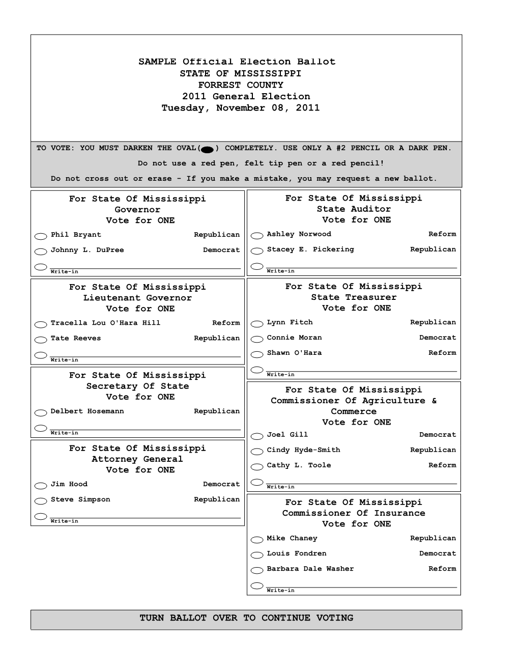 SAMPLE Official Election Ballot STATE of MISSISSIPPI FORREST COUNTY 2011 General Election Tuesday, November 08, 2011 TURN BALLOT