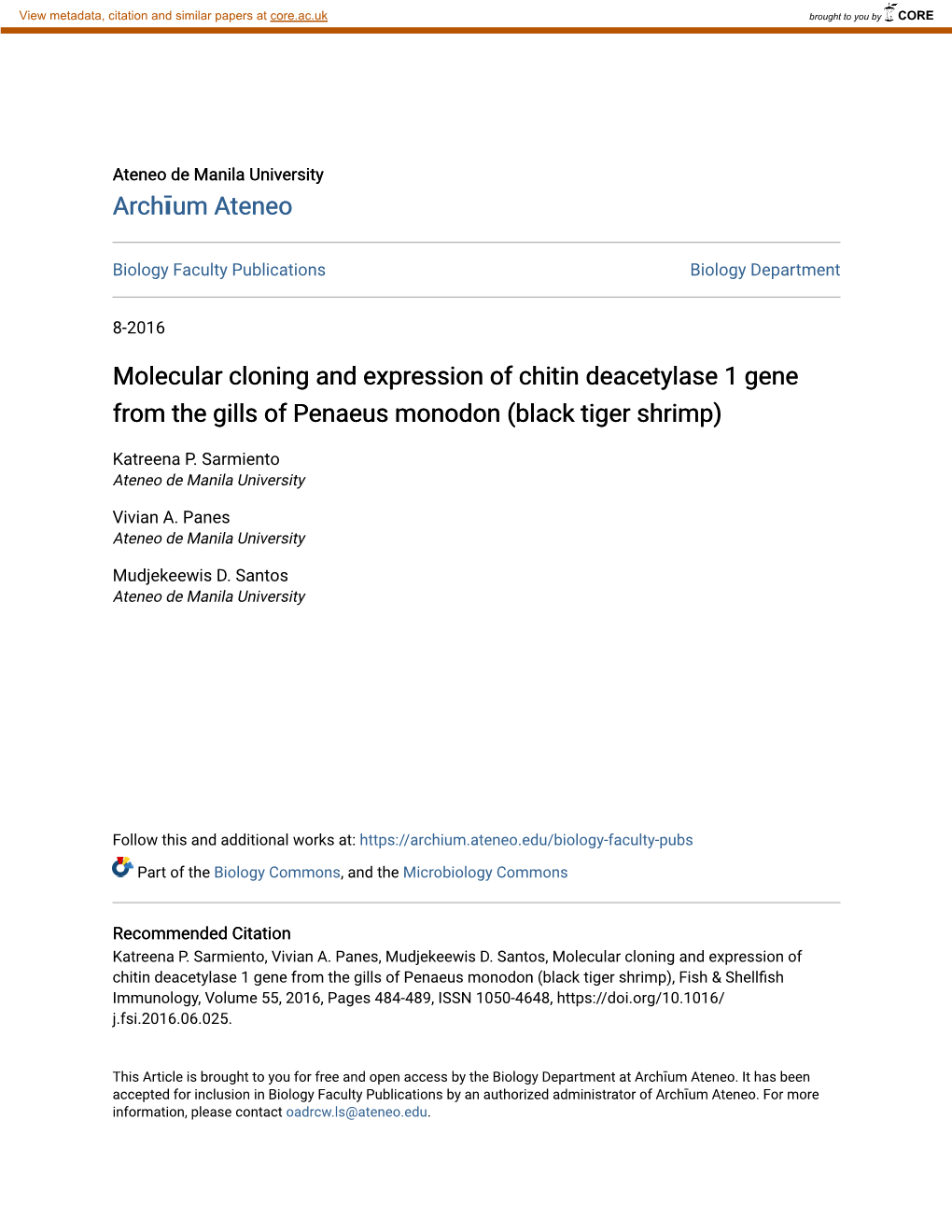 Molecular Cloning and Expression of Chitin Deacetylase 1 Gene from the Gills of Penaeus Monodon (Black Tiger Shrimp)