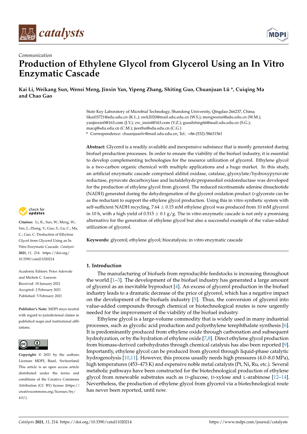 Production of Ethylene Glycol from Glycerol Using an in Vitro Enzymatic Cascade