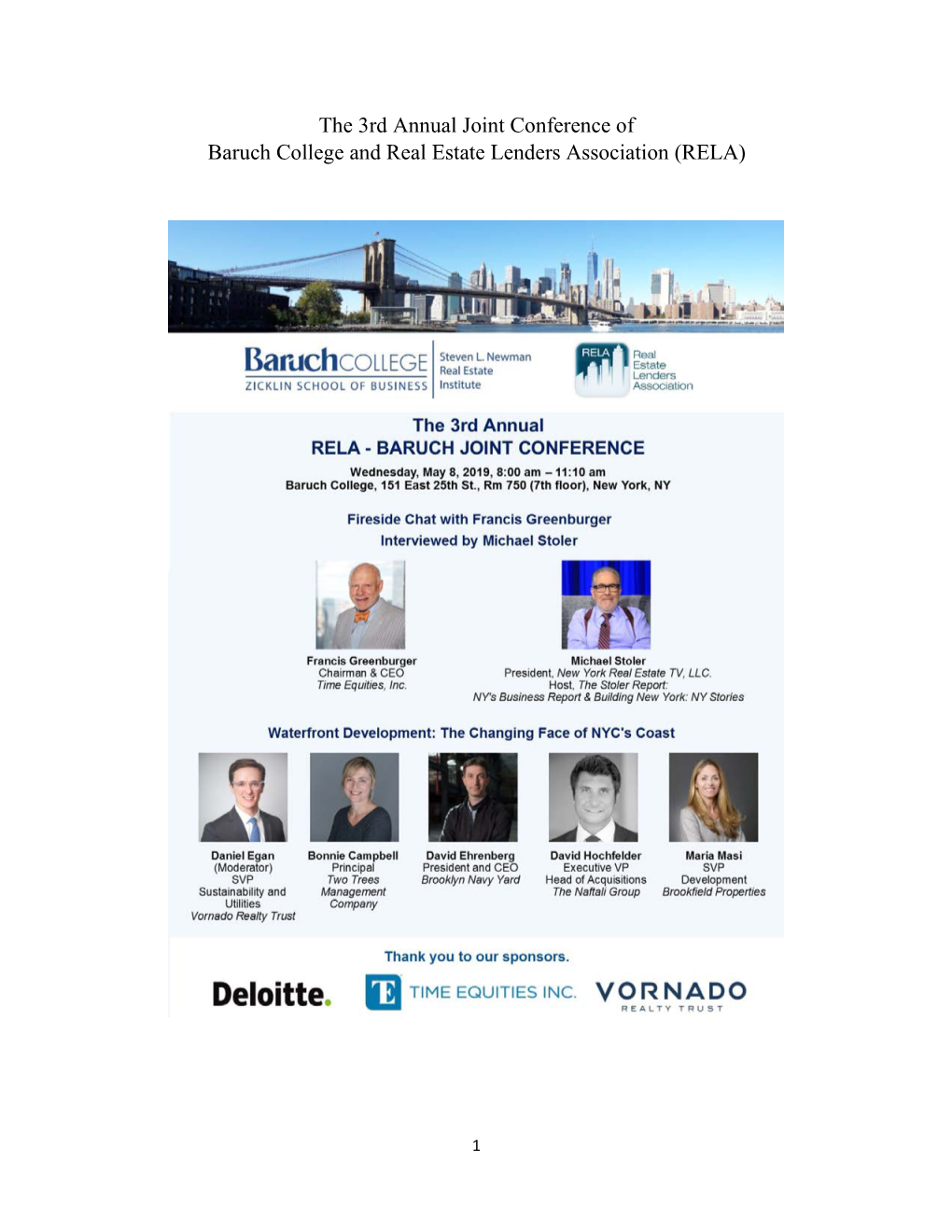 The 3Rd Annual Joint Conference of Baruch College and Real Estate Lenders Association (RELA)