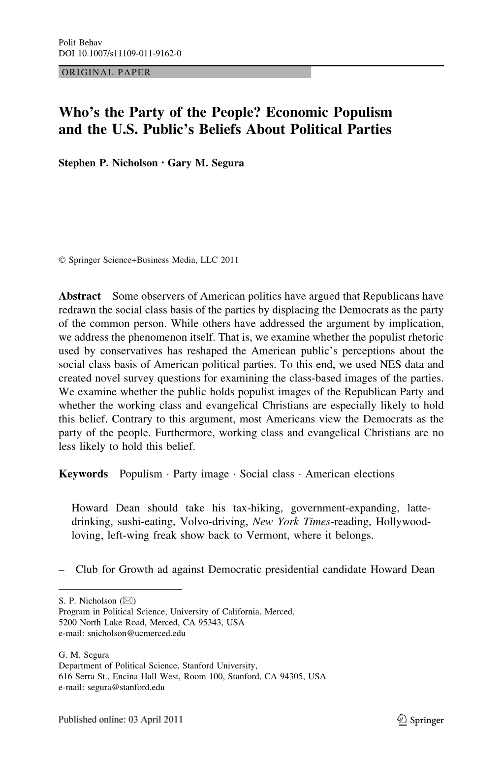 Economic Populism and the US Public's Beliefs About Political Parties