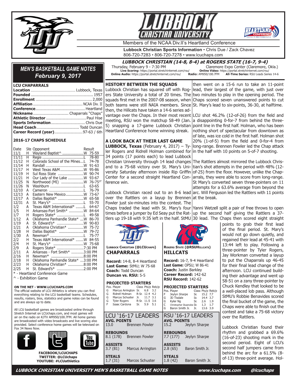 MEN's BASKETBALL GAME NOTES February 9, 2017 LCU '16-17