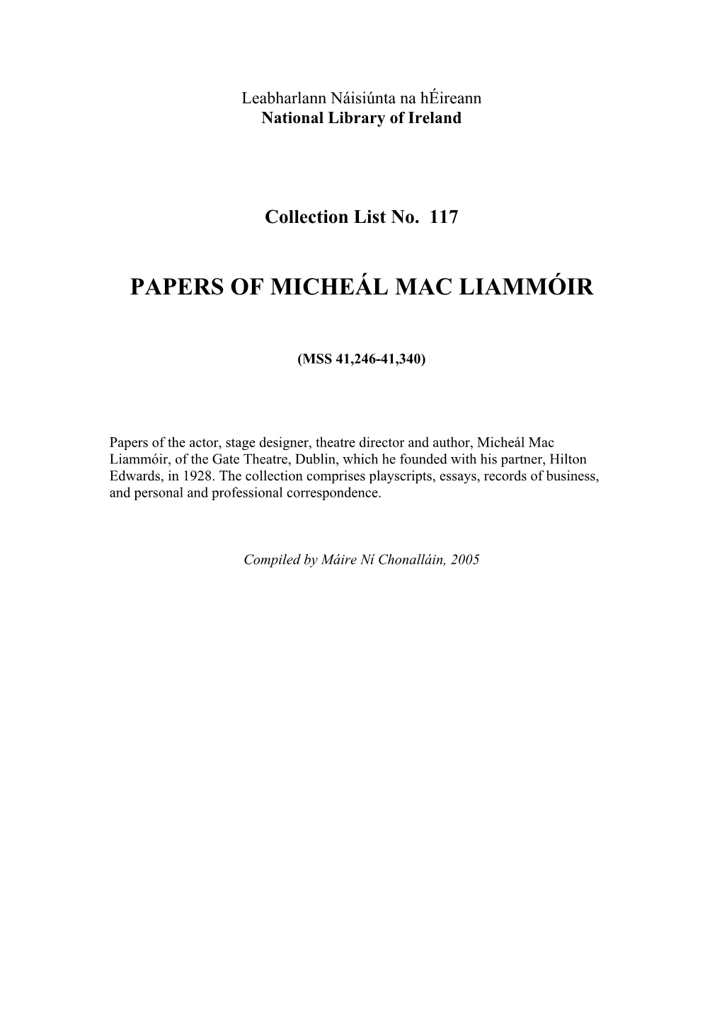 Papers of Micheál Mac Liammóir