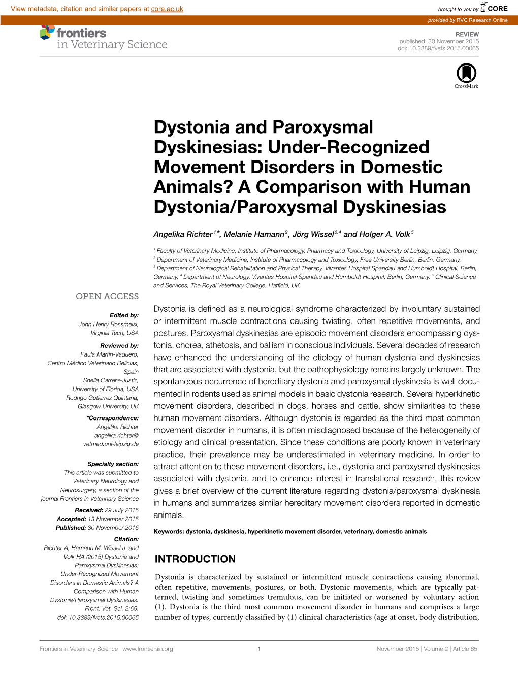 Dystonia and Paroxysmal Dyskinesias: Under-Recognized Movement Disorders in Domestic Animals? a Comparison with Human Dystonia/Paroxysmal Dyskinesias