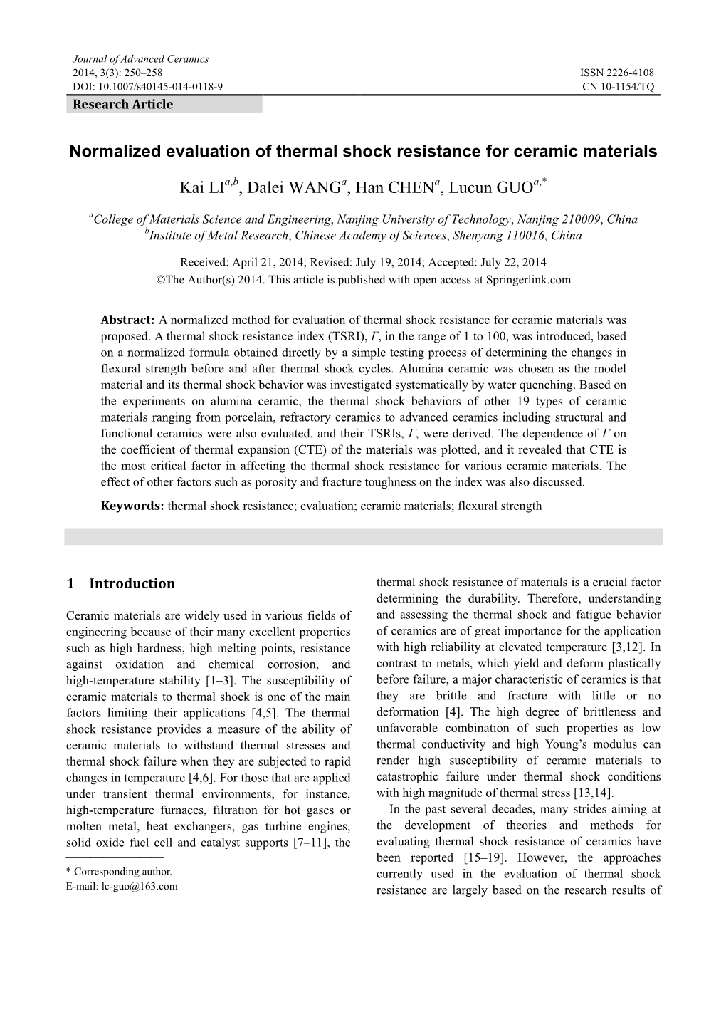 Normalized Evaluation of Thermal Shock Resistance for Ceramic Materials