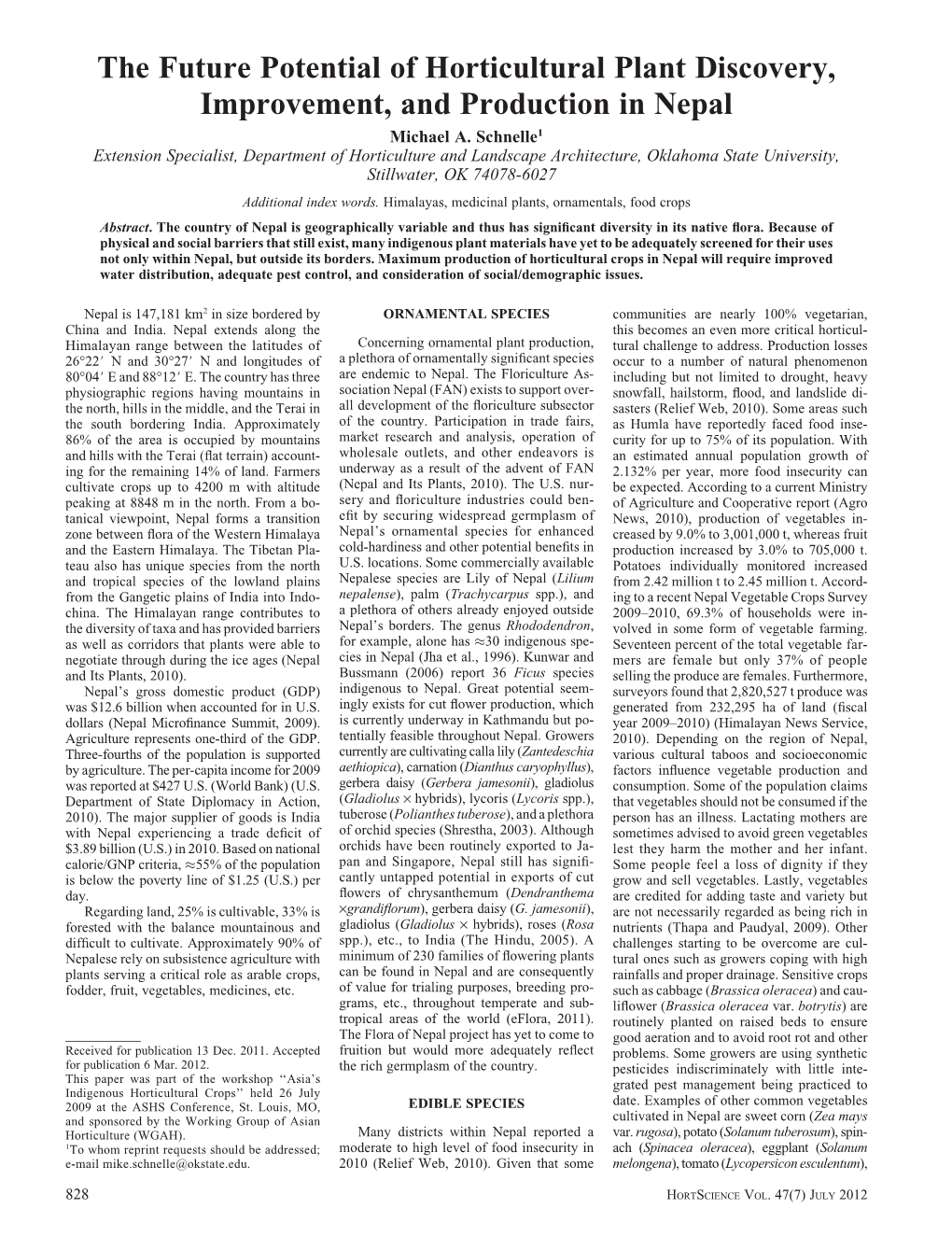 The Future Potential of Horticultural Plant Discovery, Improvement, and Production in Nepal Michael A