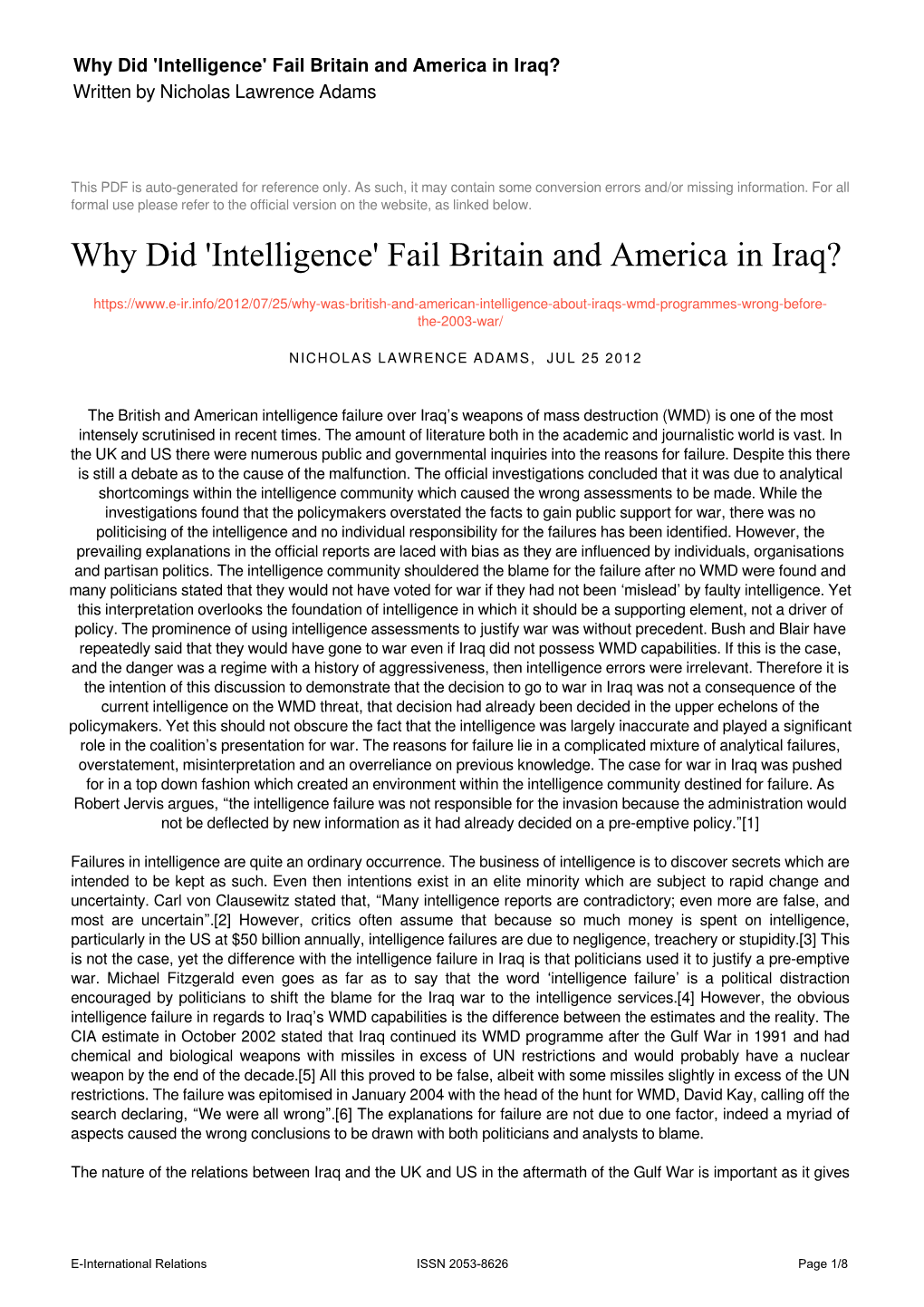 Intelligence' Fail Britain and America in Iraq? Written by Nicholas Lawrence Adams