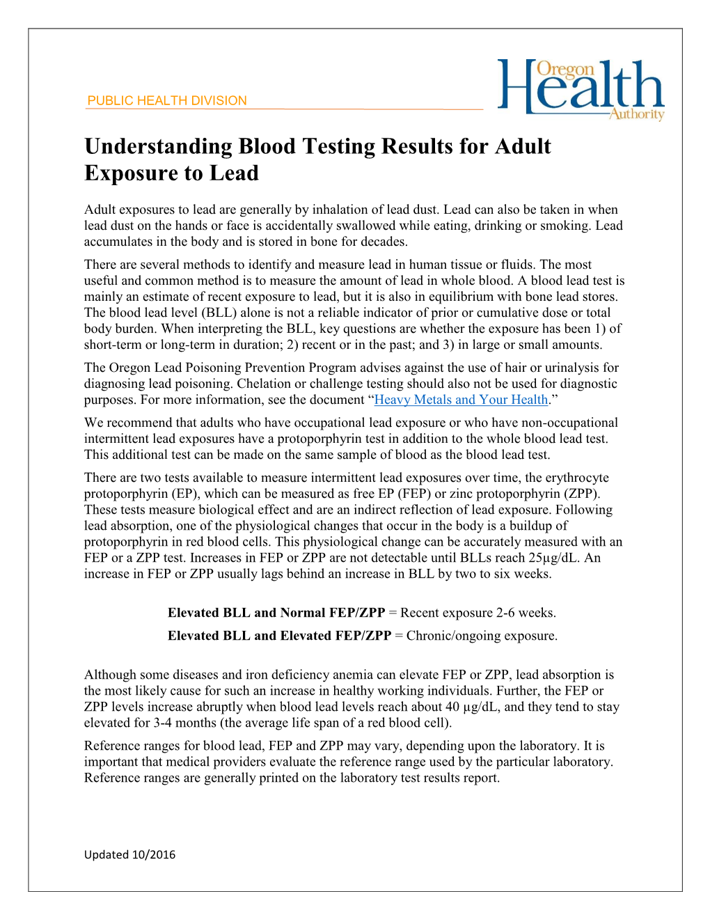 Understanding Blood Testing Results for Adult Exposure to Lead