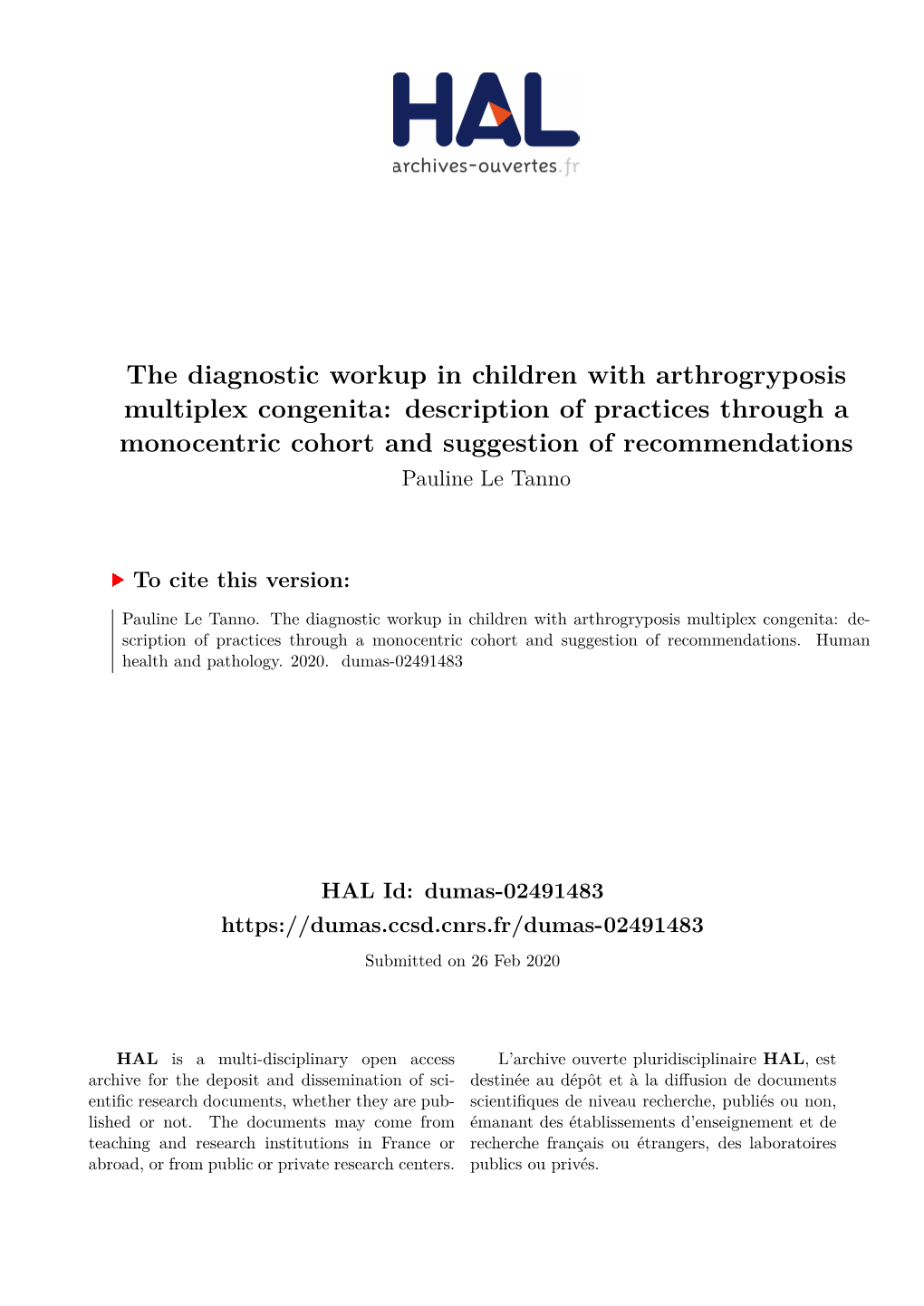 The Diagnostic Workup in Children with Arthrogryposis Multiplex Congenita: Description of Practices Through a Monocentric Cohort