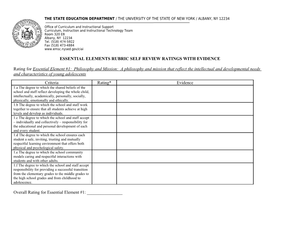 Essential Elements Rubric Self Review Ratings with Evidence