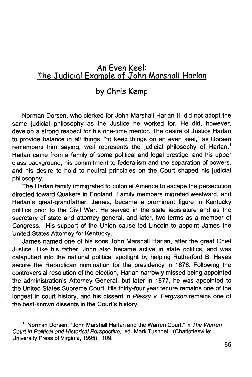 The Judicial Example of John Marshall Harlan by Chris Kemp