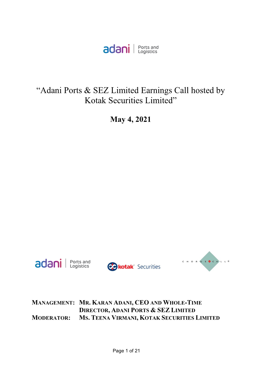“Adani Ports & SEZ Limited Earnings Call Hosted by Kotak Securities