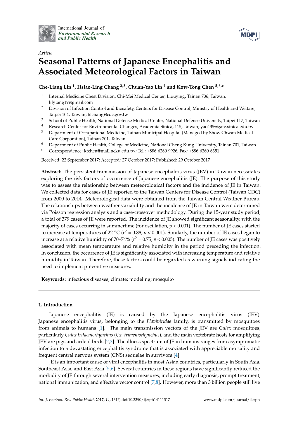 Seasonal Patterns of Japanese Encephalitis and Associated Meteorological Factors in Taiwan