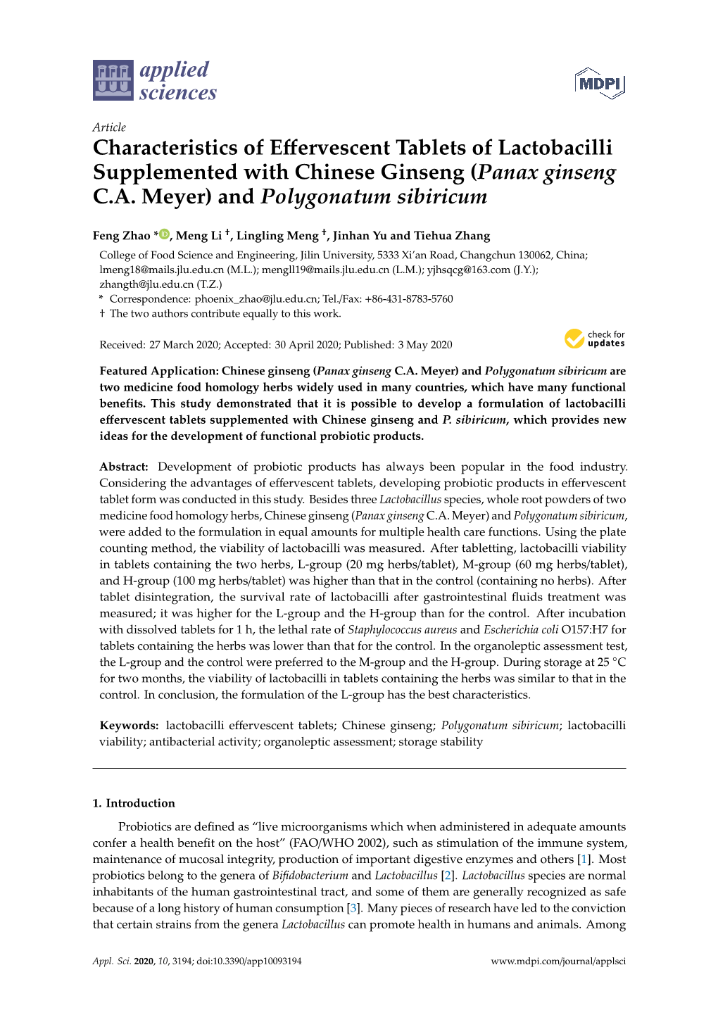 Characteristics of Effervescent Tablets of Lactobacilli Supplemented with Chinese Ginseng