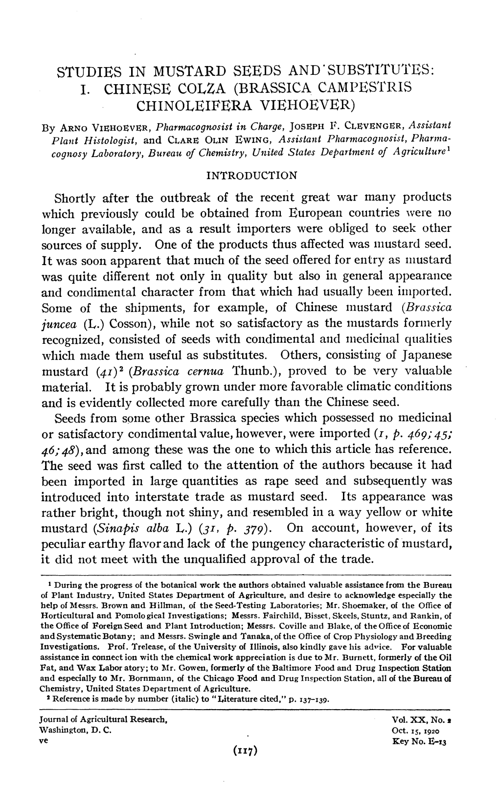 Studies in Mustard Seeds and Substitutes: I. Chinese Colza (Brassica Campestris Chinoleifera Viehoever)