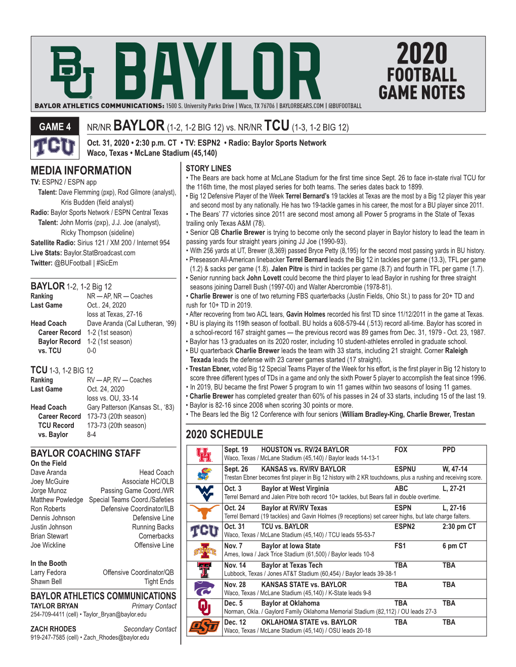 Football Game Notes Baylor Athletics Communications: 1500 S