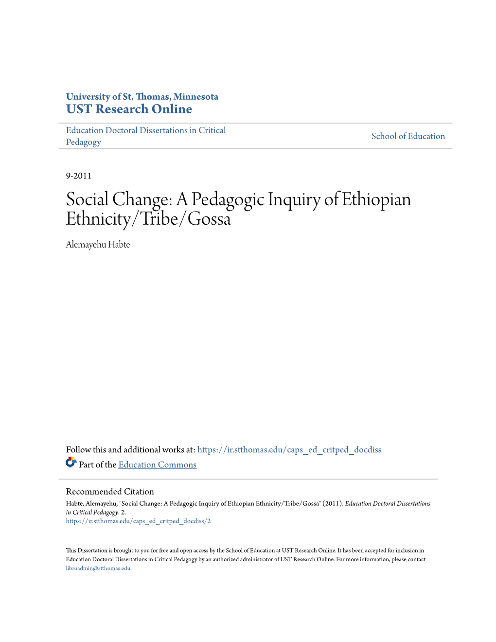 Social Change: a Pedagogic Inquiry of Ethiopian Ethnicity/Tribe/Gossa Alemayehu Habte