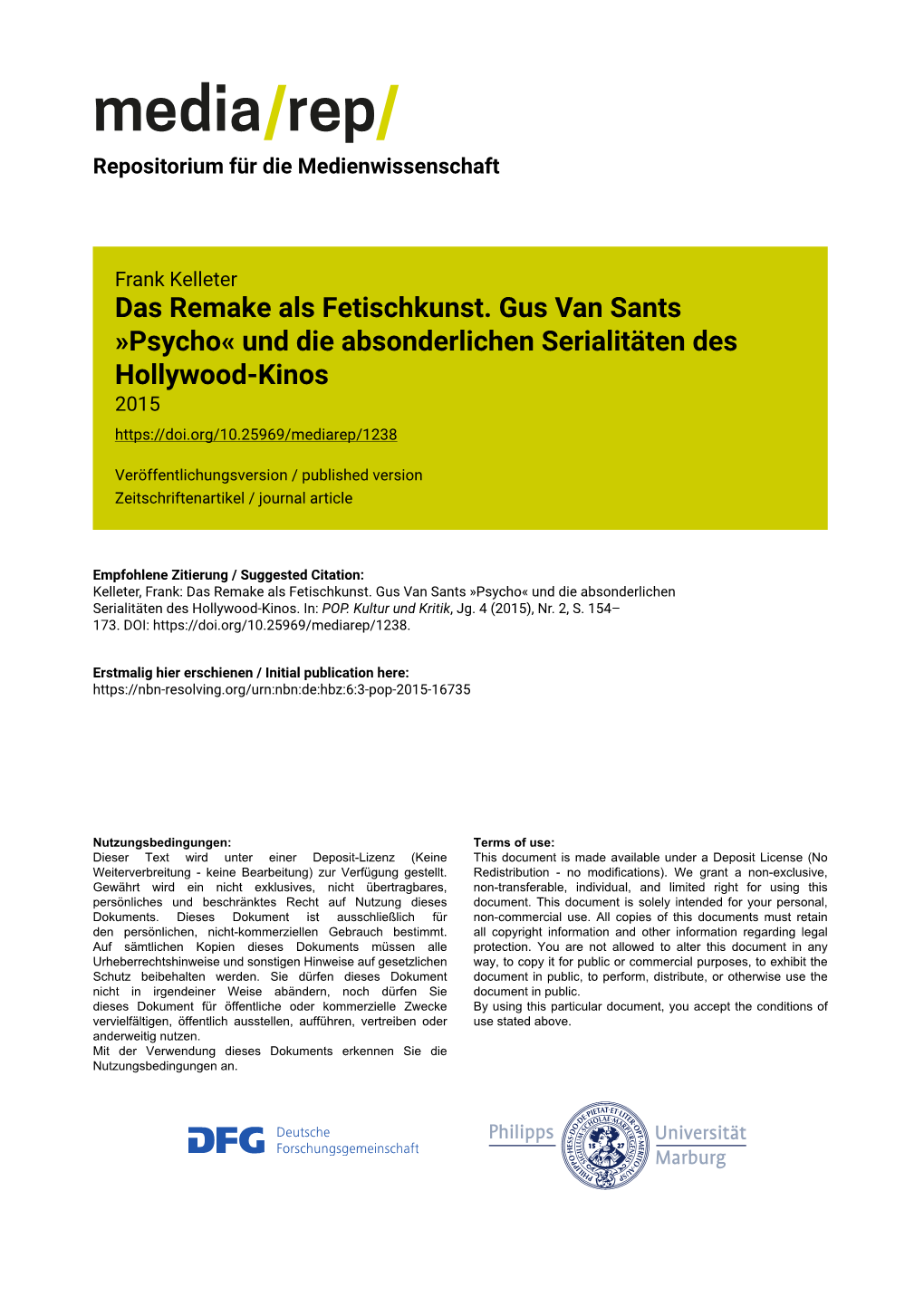 Das Remake Als Fetischkunst. Gus Van Sants »Psycho« Und Die Absonderlichen Serialitäten Des Hollywood-Kinos 2015