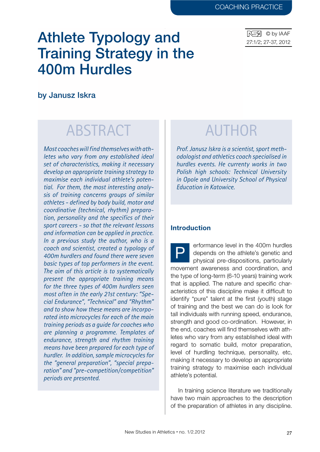 Athlete Typology and Training Strategy in the 400M Hurdles