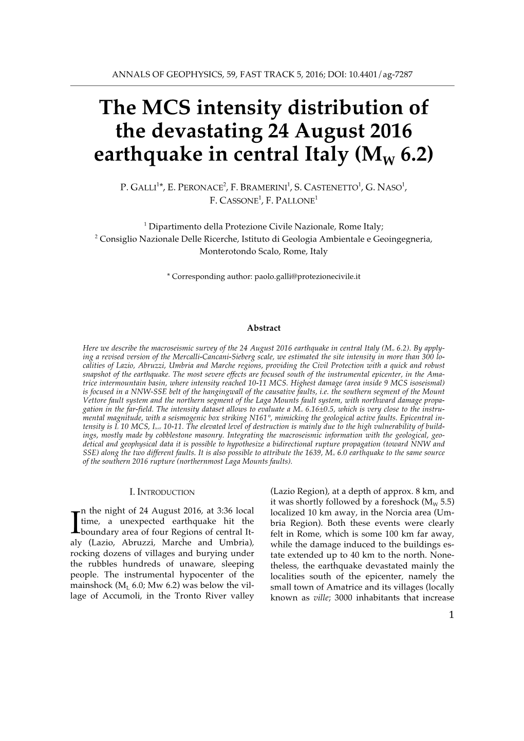 The MCS Intensity Distribution of the Devastating 24 August 2016 Earthquake in Central Italy (MW 6.2)