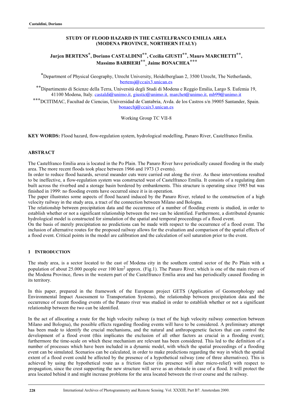 Study of Flood Hazard in the Castelfranco Emilia Area (Modena Province, Northern Italy)