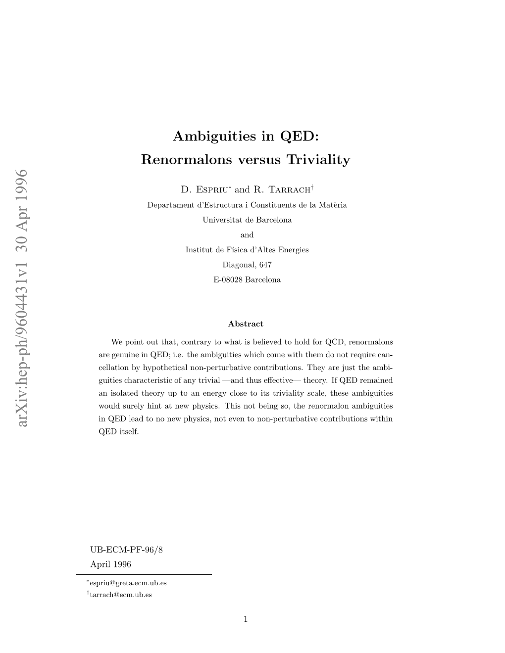 Ambiguities in QED: Renormalons Versus Triviality