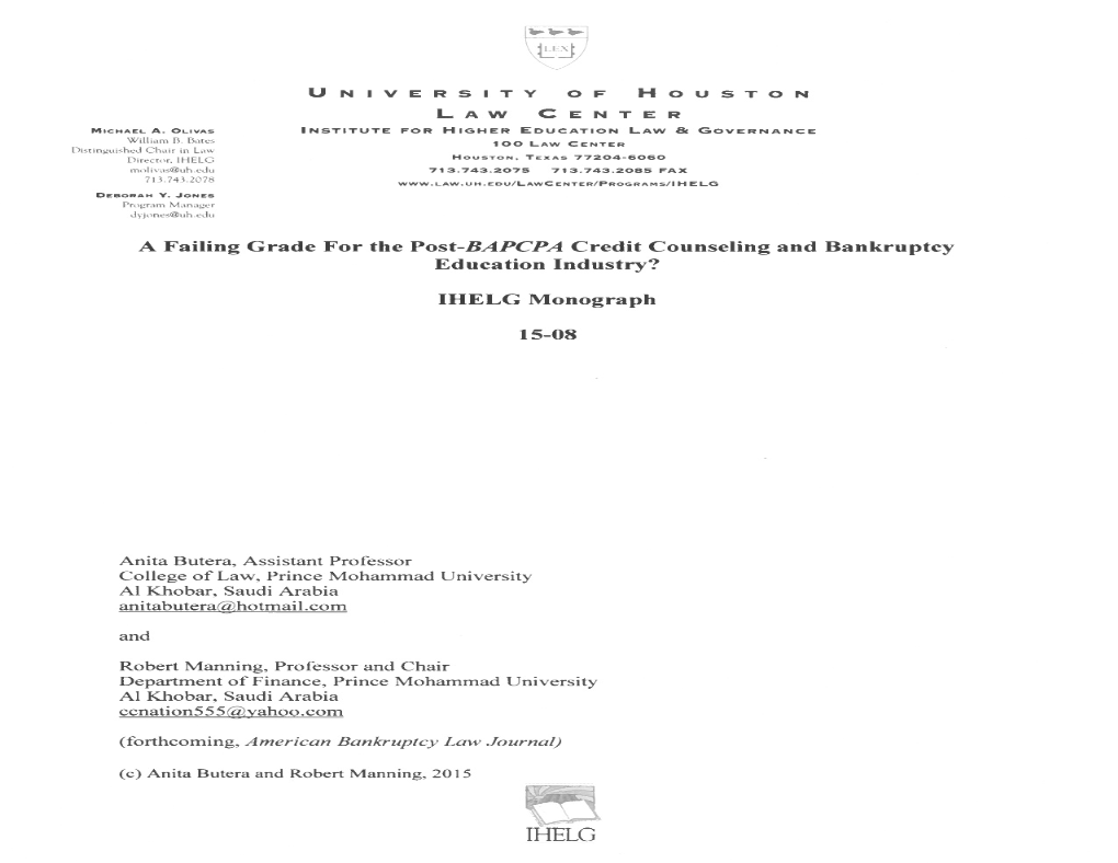 A Failing Grade for the Post-BAPCPA Credit Counseling and Bankruptcy Education Industry?