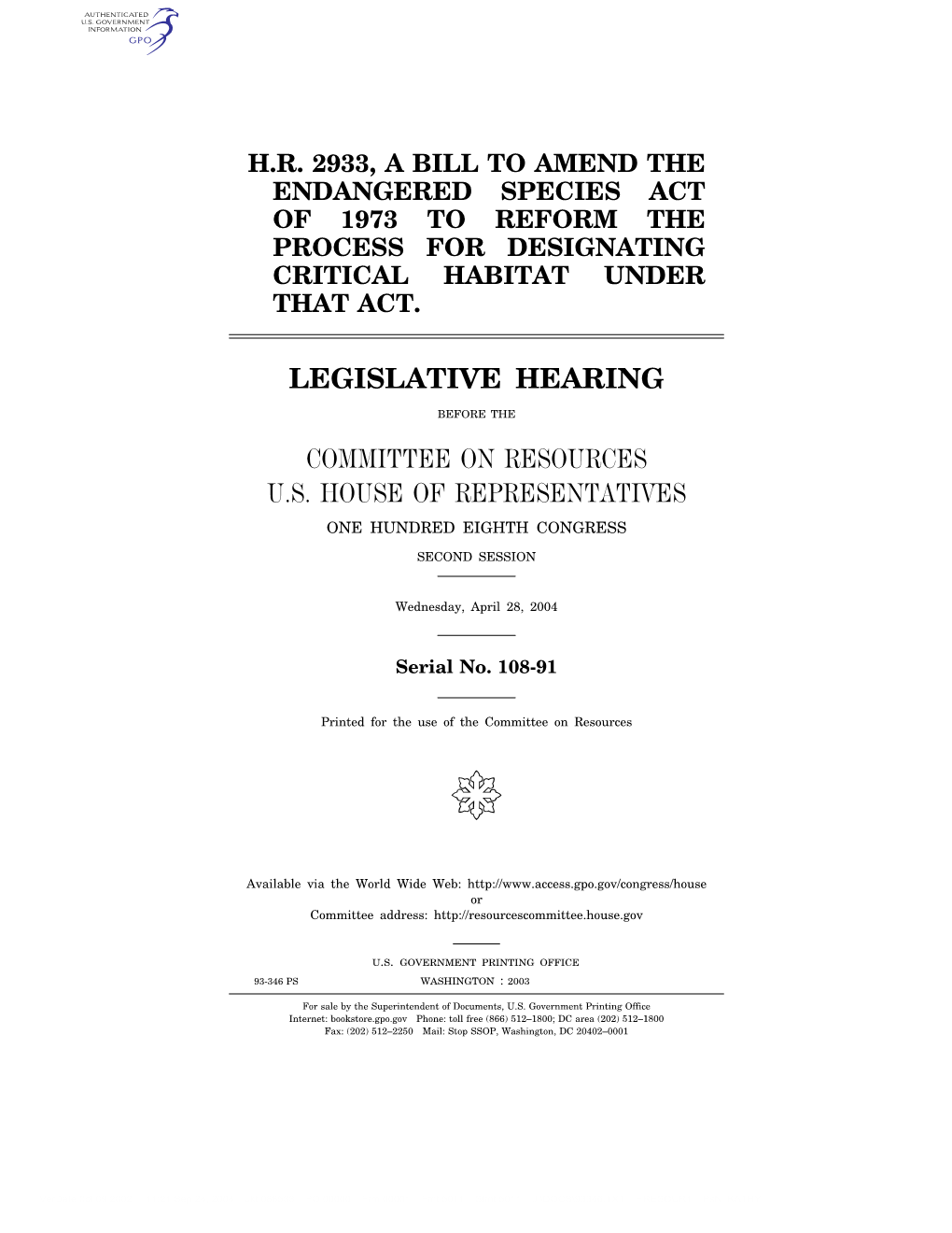 Legislative Hearing Committee on Resources U.S. House Of