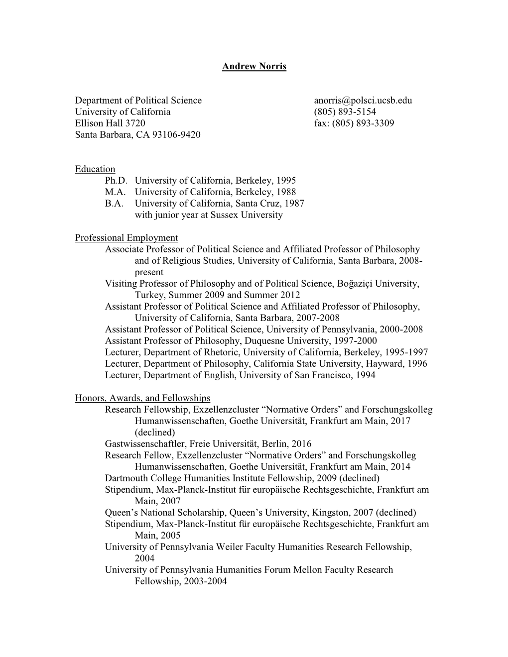 Andrew Norris Department of Political Science Anorris@Polsci.Ucsb.Edu