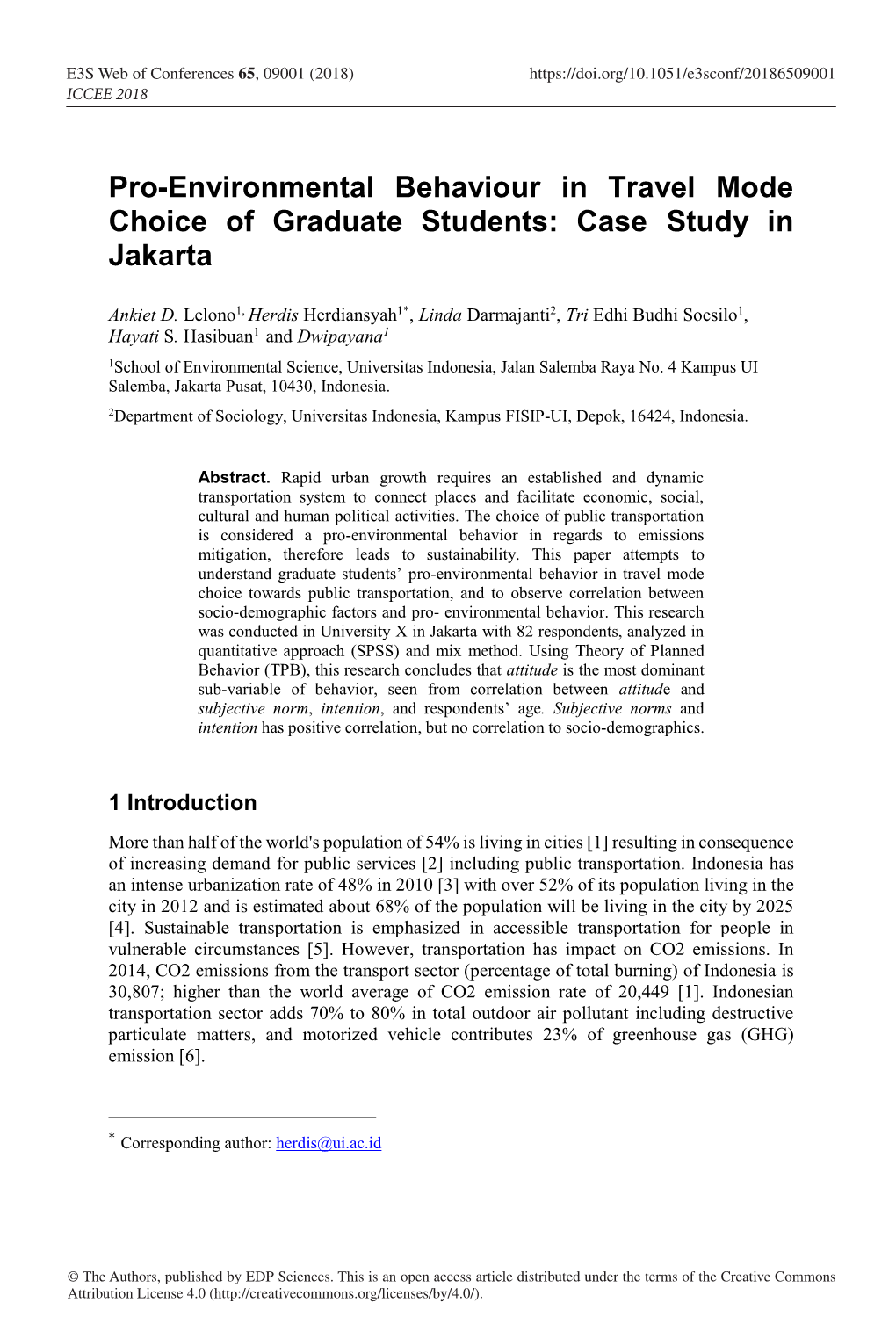 Pro-Environmental Behaviour in Travel Mode Choice of Graduate Students: Case Study in Jakarta