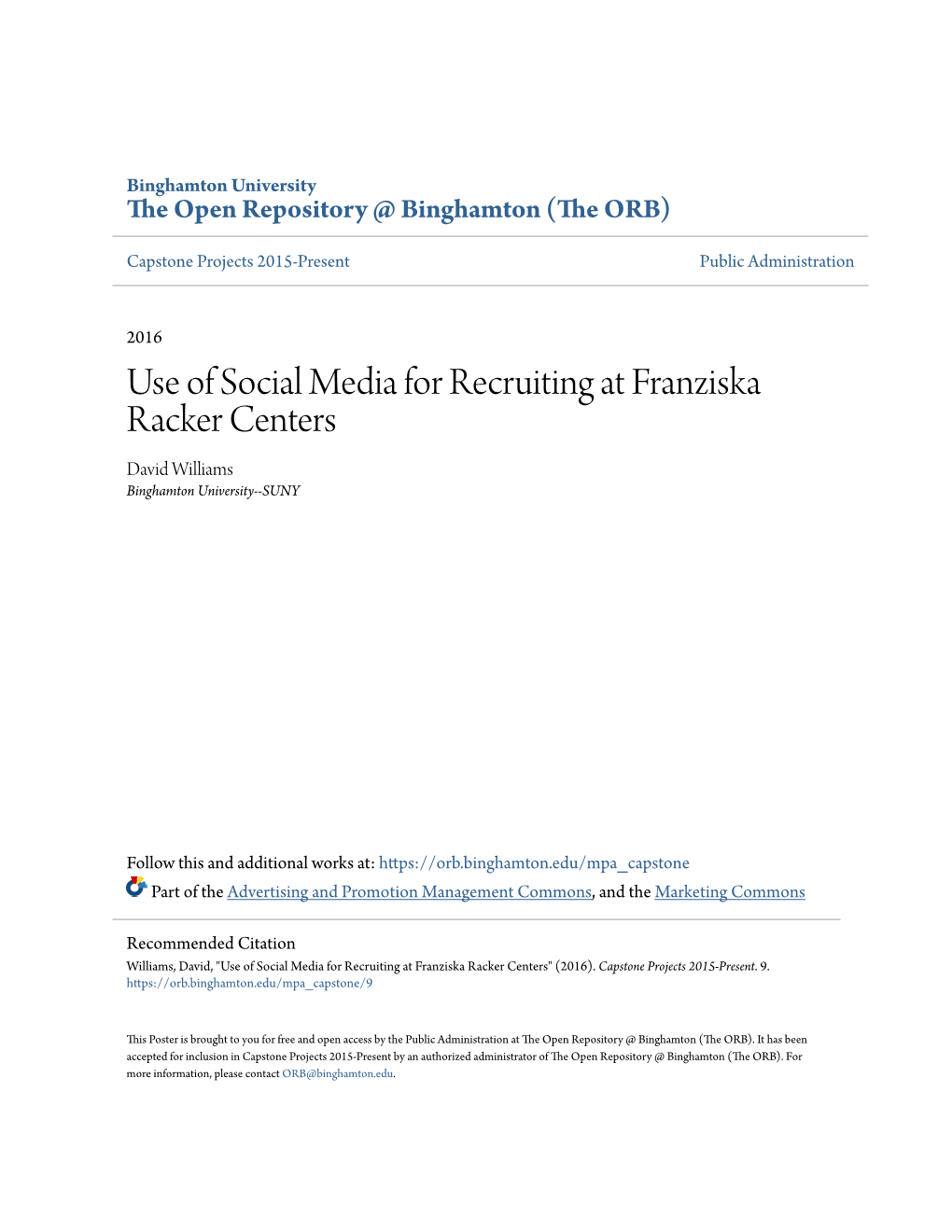 Use of Social Media for Recruiting at Franziska Racker Centers David Williams Binghamton University--SUNY