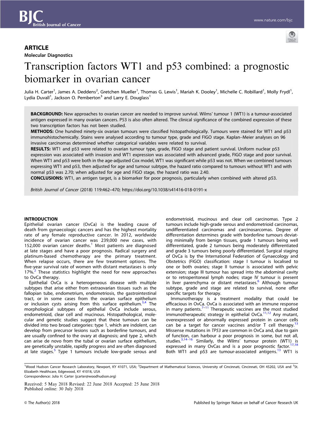 Transcription Factors WT1 and P53 Combined: a Prognostic Biomarker in Ovarian Cancer