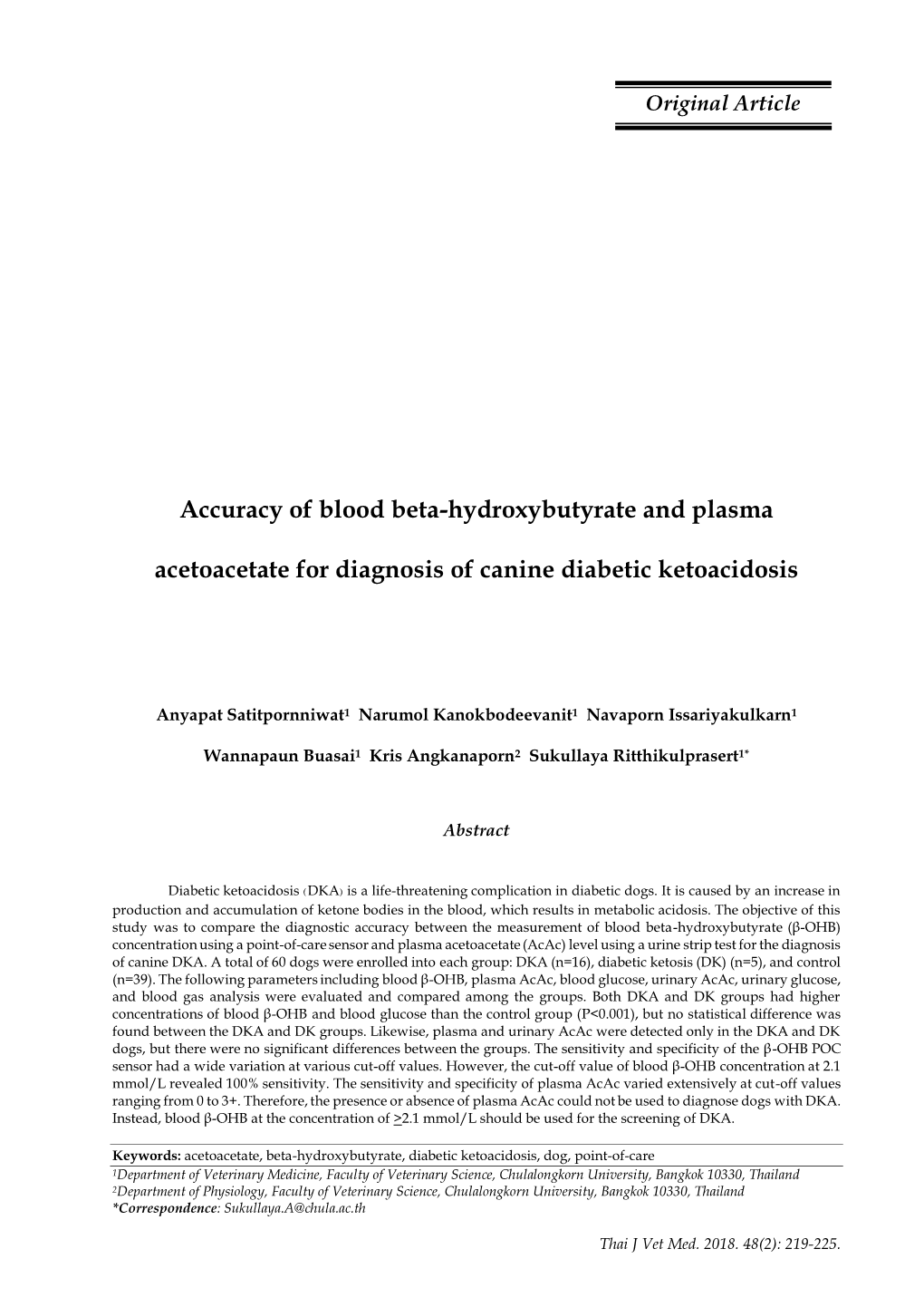 Accuracy of Blood Beta-Hydroxybutyrate and Plasma Acetoacetate for Diagnosis of Canine Diabetic Ketoacidosis